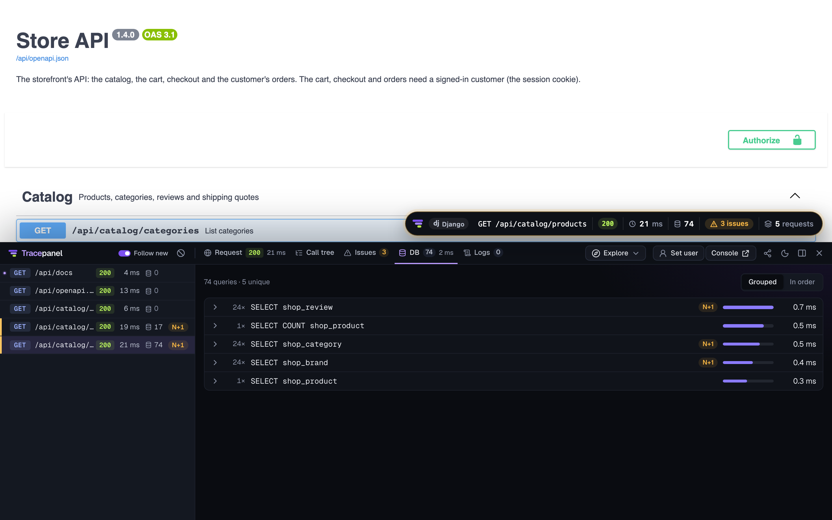 The DB tab with 74 queries folded into 5 statements, three of them marked N+1