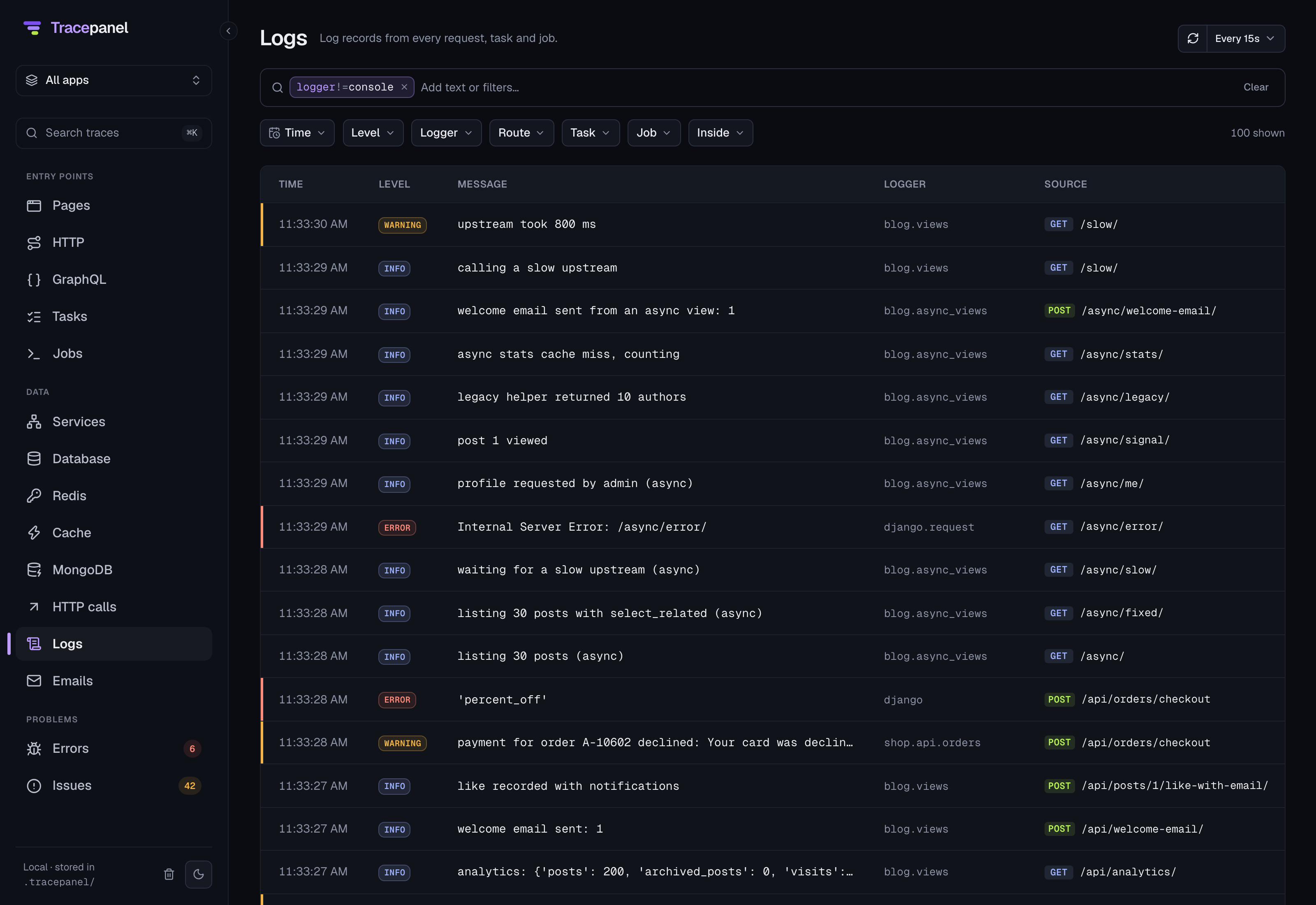 The Logs page: log records of every request and task, with their level, logger and request