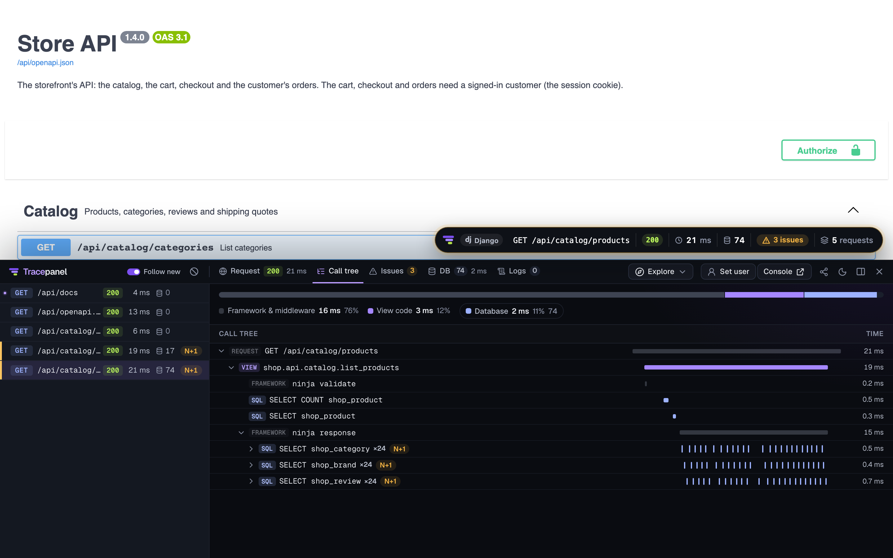 The Tracepanel panel showing a request's call tree