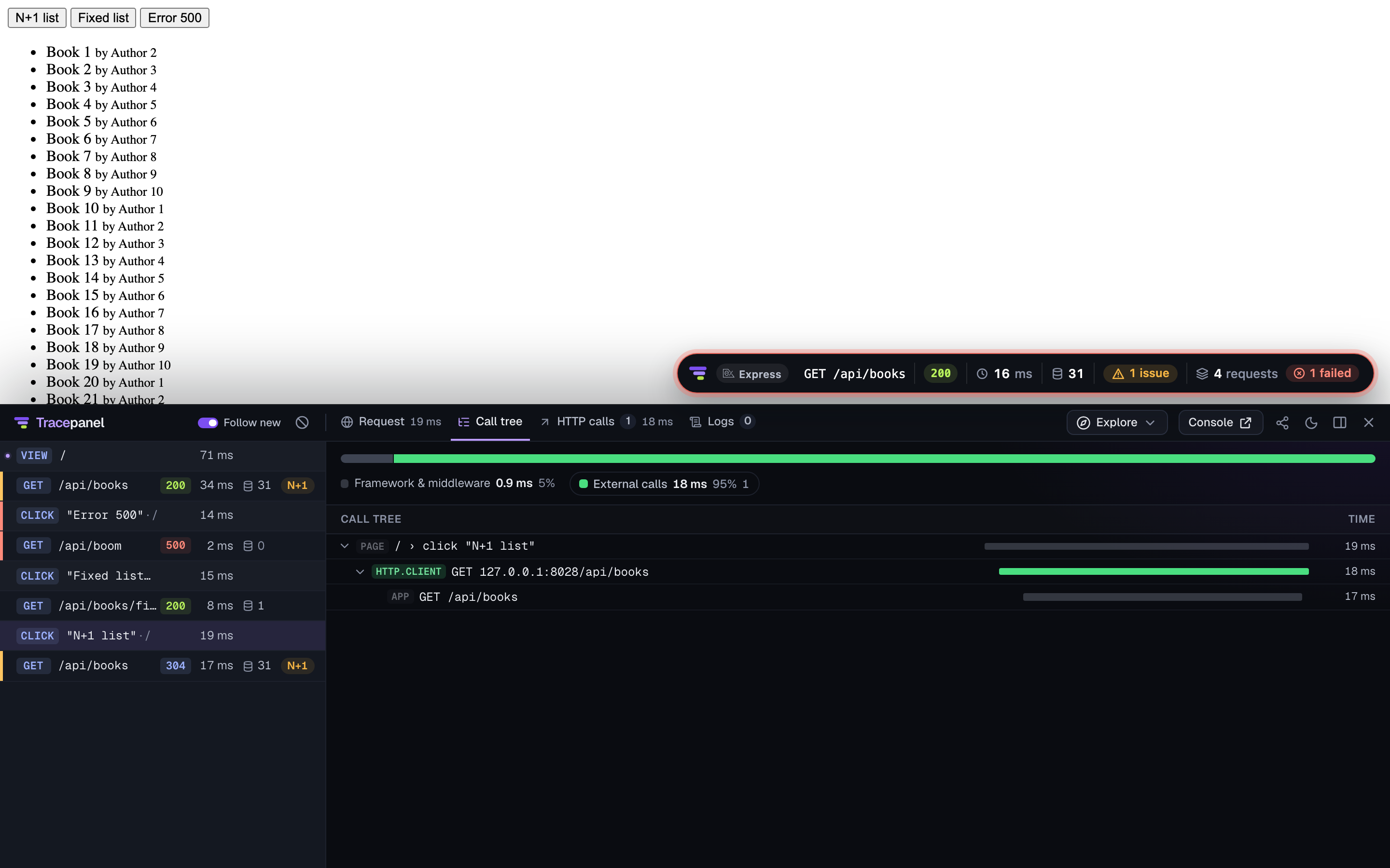 A single-page app with the panel docked under it: the page's view, each click over the requests it made, and the call tree of a click with an N+1 behind it
